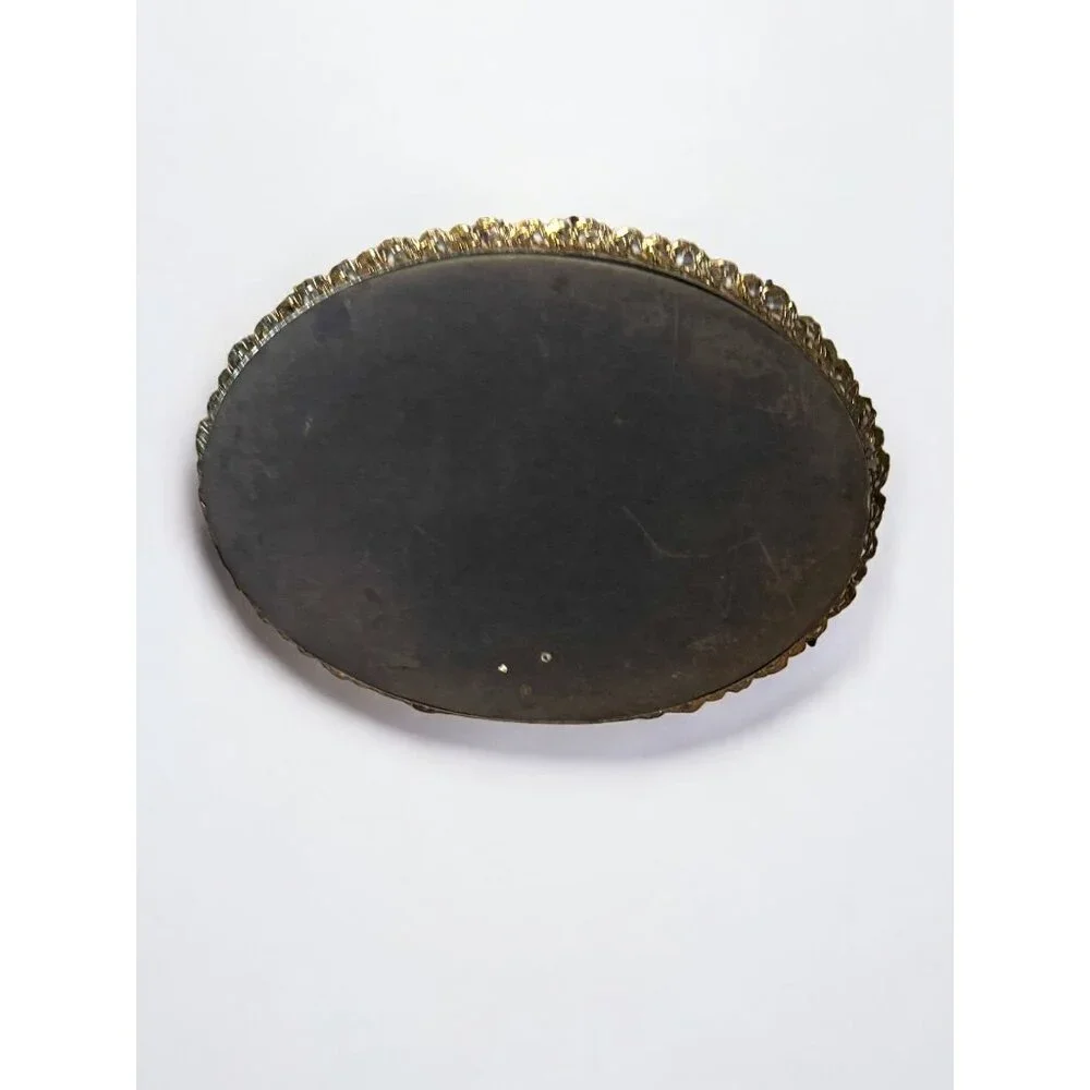 Vintage Ornate Brass & Glass Oval Vanity Tray or Wall Mirror
